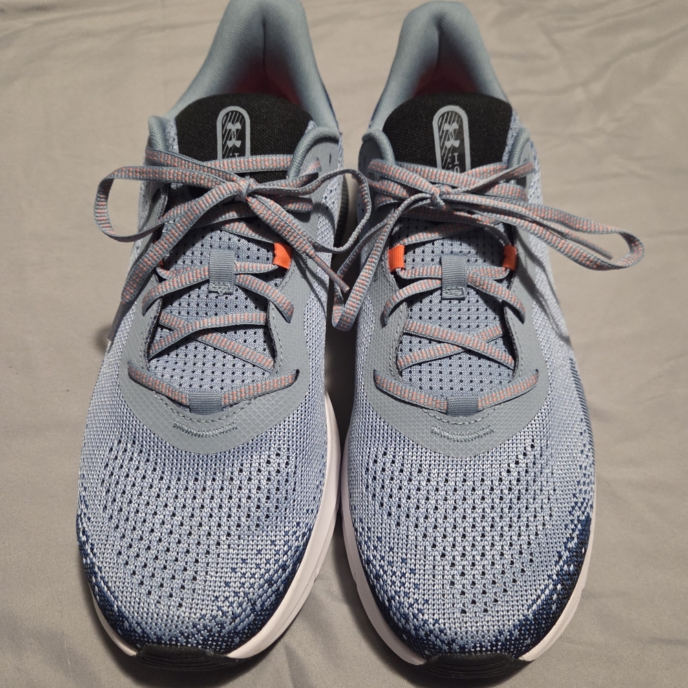 Under Armour Light Blue Knit Running Sneakers with Orange Logo Accents - Picture 2 of 3